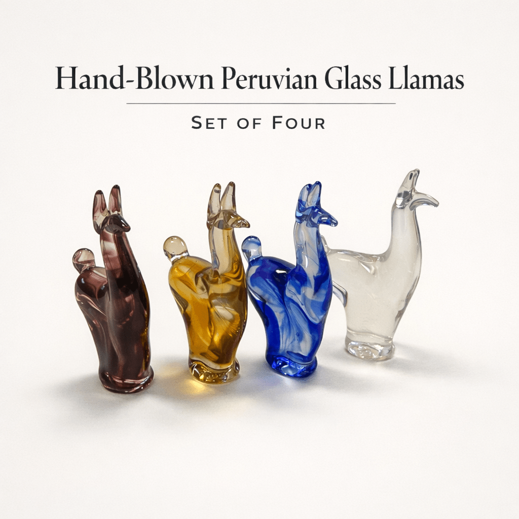 Peruvian Hand Blown Glass Llama Figurines | Colored Artisan Set of Four | Andean Decorative Sculptures - From The Andes