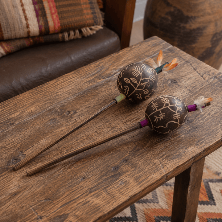 Peruvian Hand - Carved Gourd Maracas, Assorted Folk Art Rattles - From The Andes