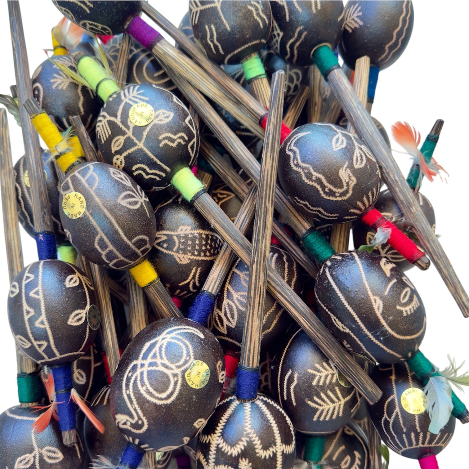 Peruvian Hand - Carved Gourd Maracas, Assorted Folk Art Rattles - From The Andes