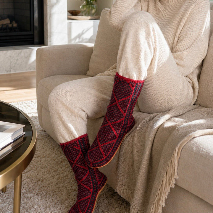 Peruvian Hand - Knit House Slipper Socks with Suede Soles, Mukluk - Style - From The Andes