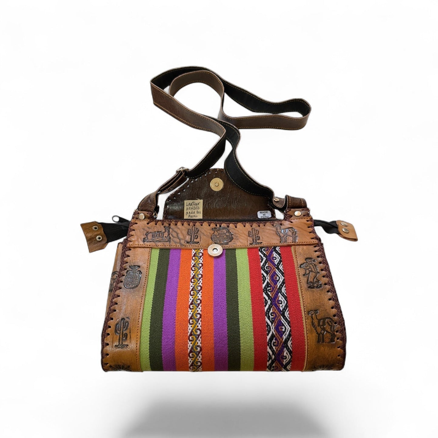 Peruvian Medium Leather & Woven Textile Crossbody Purse - From The Andes