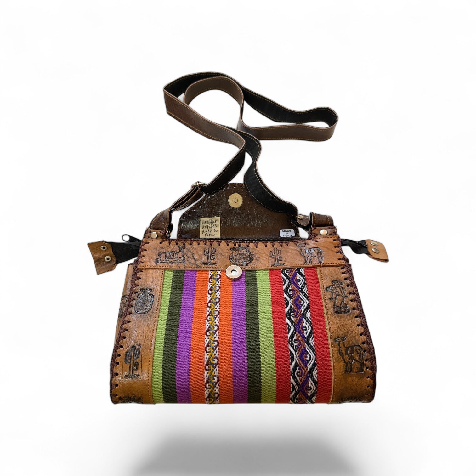 Peruvian Medium Leather & Woven Textile Crossbody Purse - From The Andes