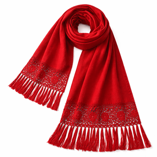 Red Peruvian Alpaca Shawl with Crochet Lace Fringe - From The Andes