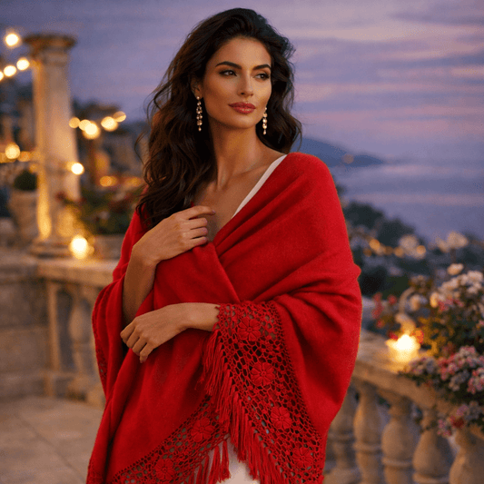 Red Peruvian Alpaca Shawl with Crochet Lace Fringe - From The Andes