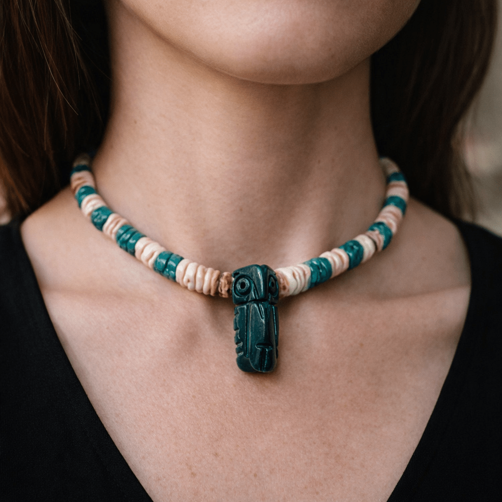 Vintage Andean Chaquira Necklace | Carved Stone Owl (c. 1990s) - From The Andes