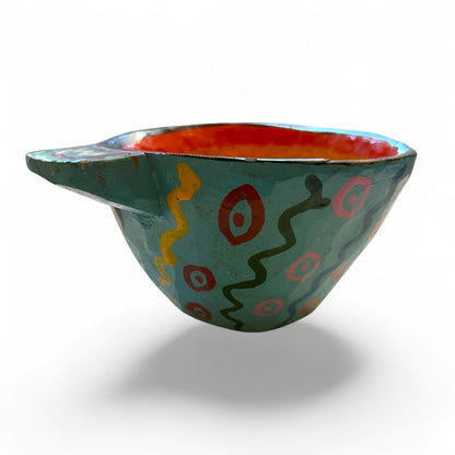 Vintage Lake Atitlán Folk Art Bowl | Hand - Carved Teal & Red - From The Andes