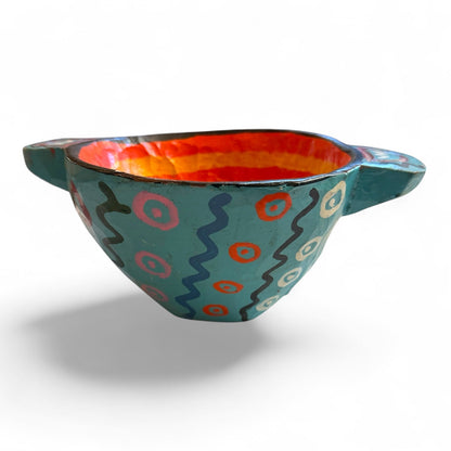 Vintage Lake Atitlán Folk Art Bowl | Hand - Carved Teal & Red - From The Andes