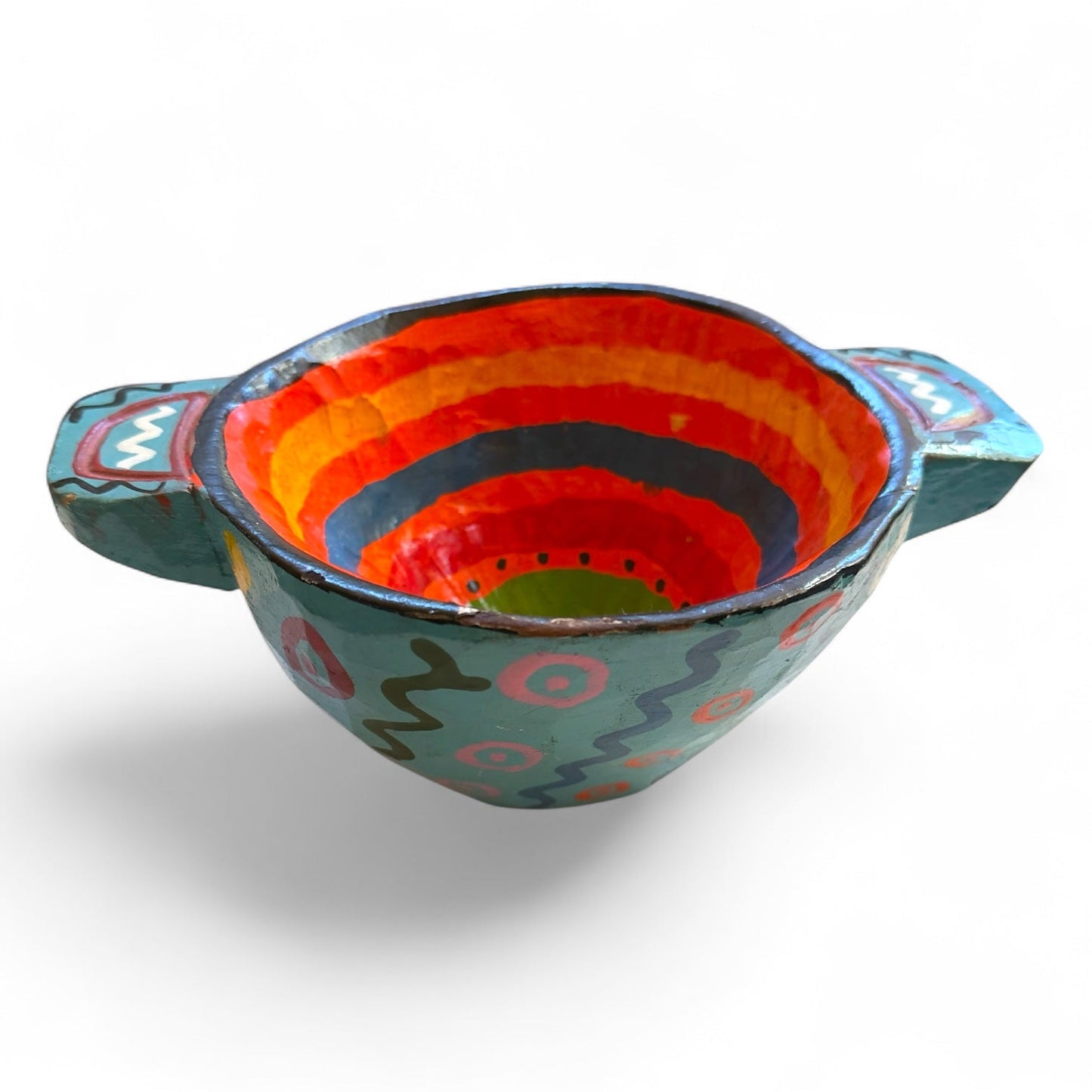 Vintage Lake Atitlán Folk Art Bowl | Hand - Carved Teal & Red - From The Andes