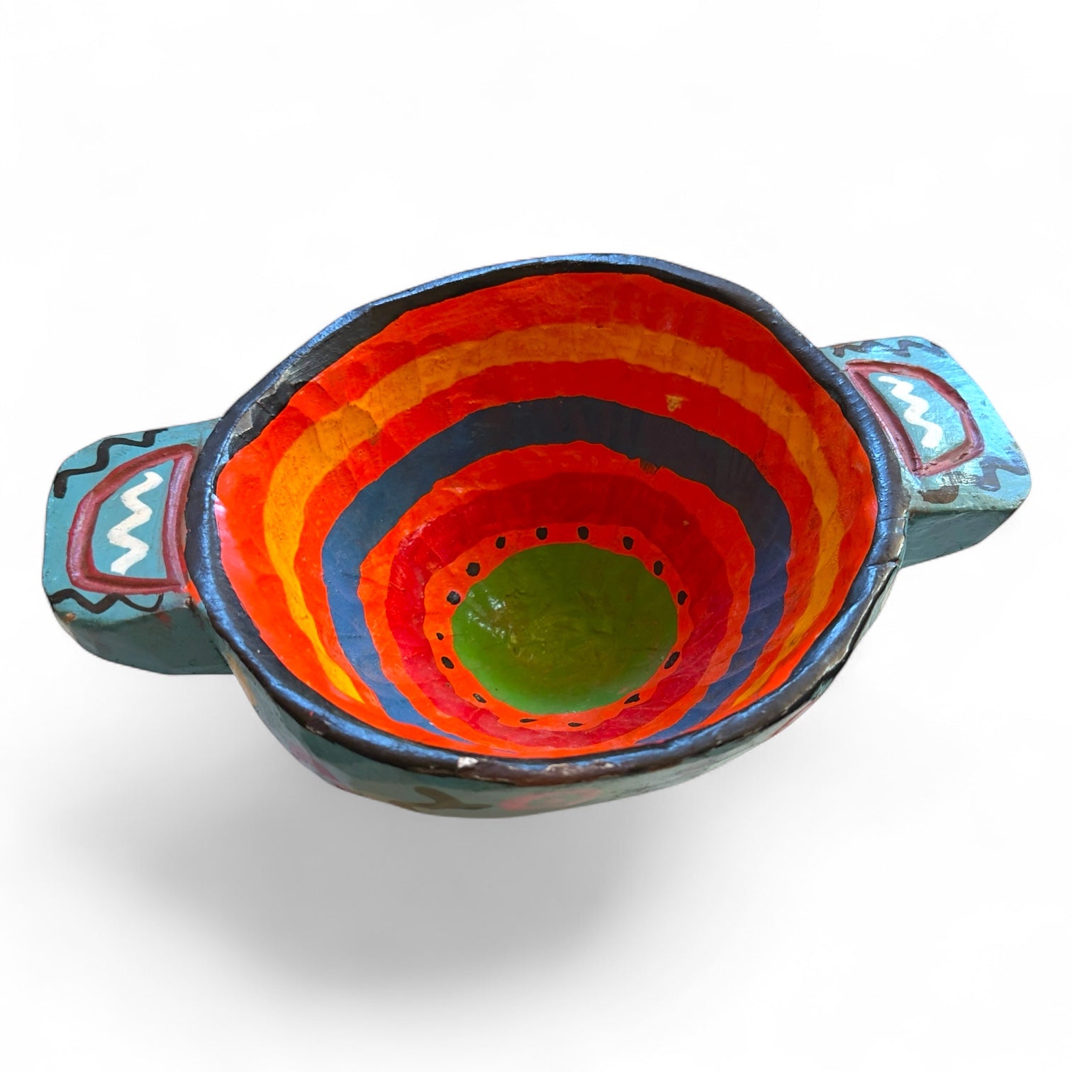 Vintage Lake Atitlán Folk Art Bowl | Hand - Carved Teal & Red - From The Andes