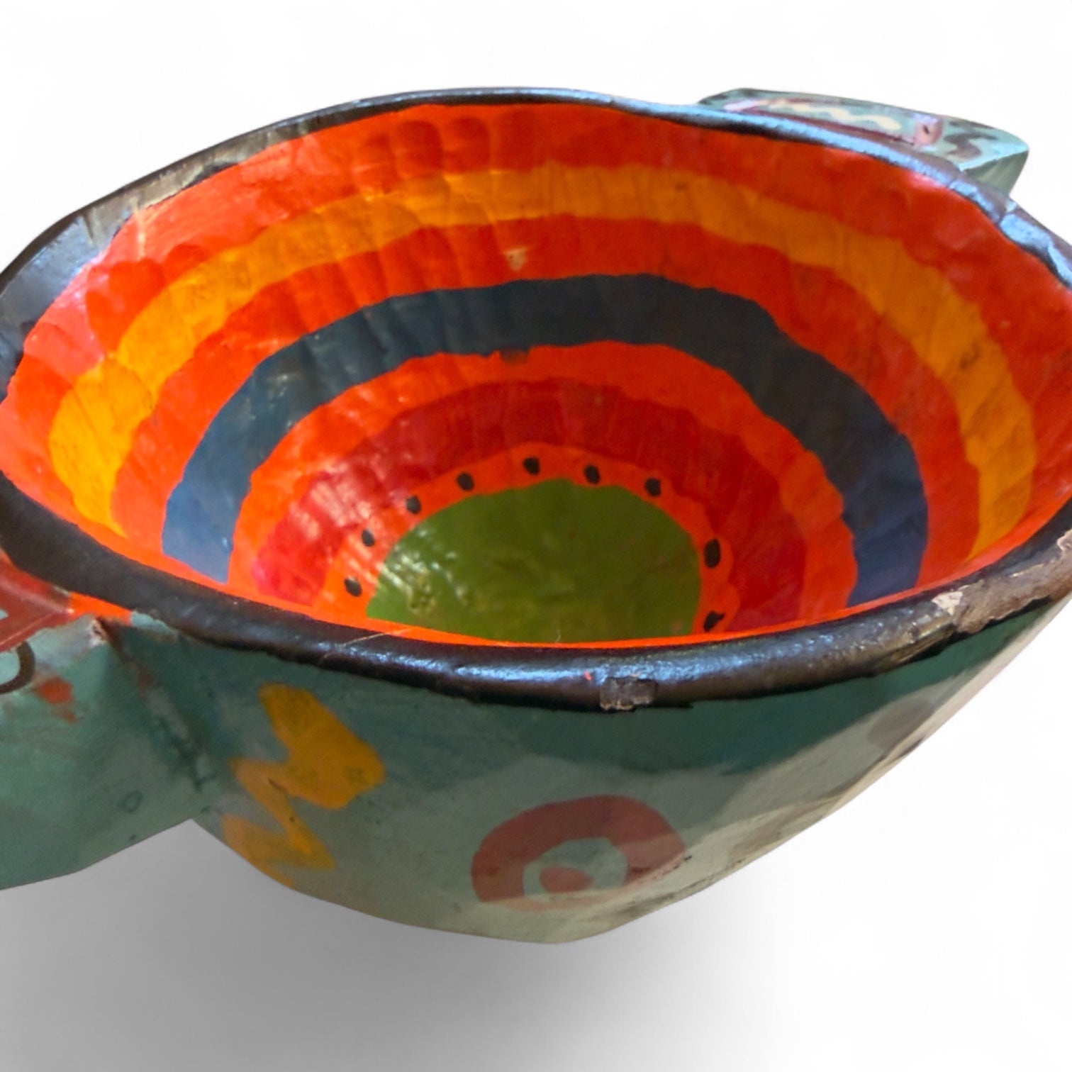 Vintage Lake Atitlán Folk Art Bowl | Hand - Carved Teal & Red - From The Andes