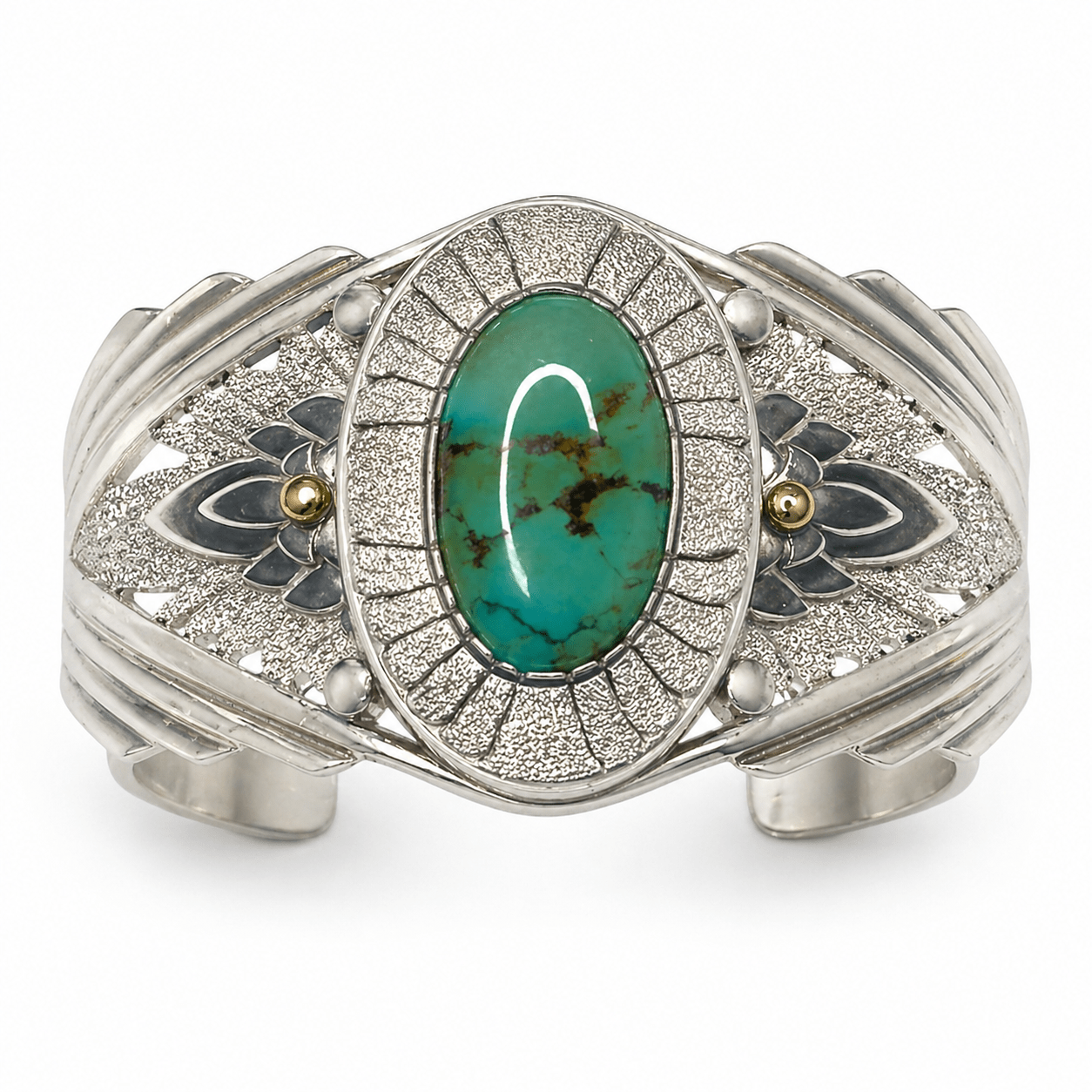 Vintage Ray Winner Sterling and 14K Gold Cuff with Kingman Turquoise - From The Andes